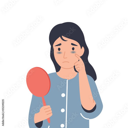 Dark circles under eyes. Girl with bruises from insomnia, disease, fatigue. Flat vector cartoon modern illustration.
