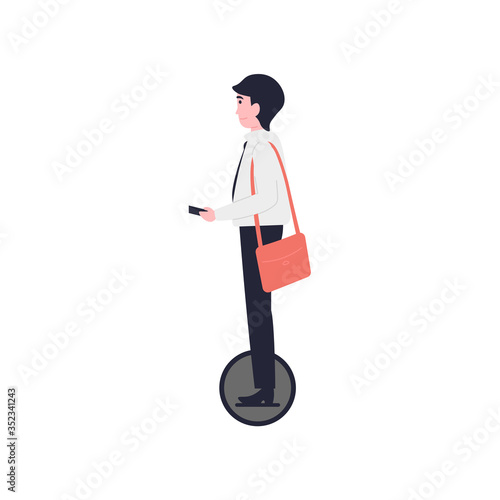 Young businessman ride on an electric unicycle. Flat vector cartoon modern illustration.