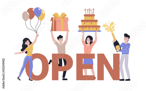 Capital letters. Open concept with happy celebrate people with balloons, gifts, cake and champagne. Flat vector cartoon modern illustration.