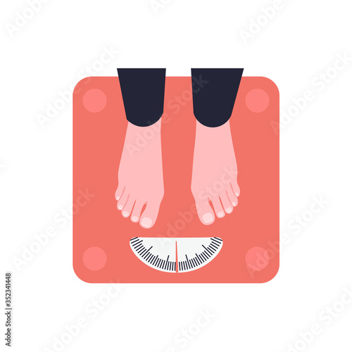 Female feet stand on floor scales. Girl is weighed. Flat vector illustration.