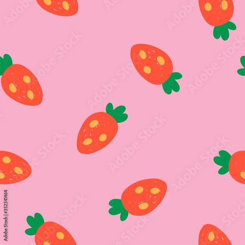 Fototapeta Naklejka Na Ścianę i Meble -  Hand drawn vector strawberry pattern in doodle style. Background with pink color.