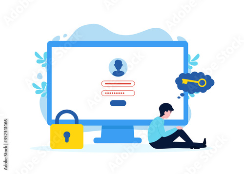 Unhappy man near computer forgot account login and password. Flat vector male character design concept for landing page, web, poster, banner, layout, template.