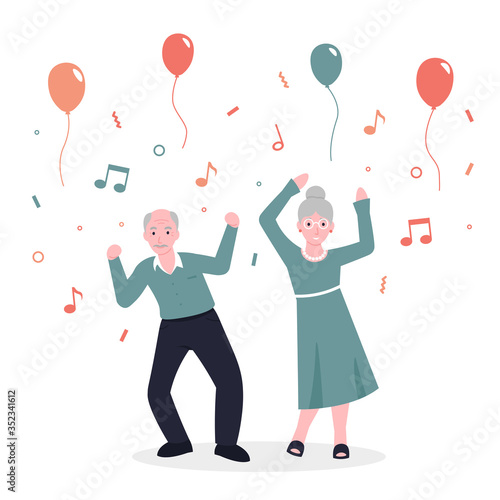 Happy old couple grandparents people dance to music and rejoice. Party concept. Flat vector cartoon modern illustration.