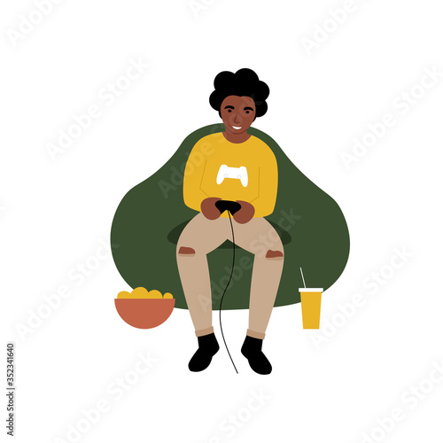 Hobby concept. Guy playing a video game console. Flat vector cartoon modern illustration.