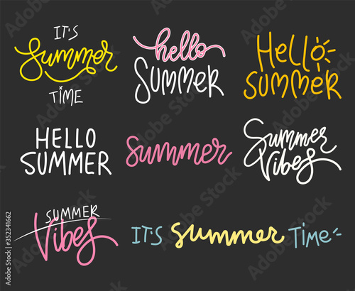 Set of summer handwritten lettering elements. Vector phrases hello summer vibes. Coloring templates