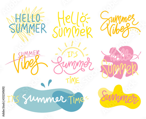 Set of summer handwritten lettering elements. Vector phrases hello summer vibes. Coloring templates