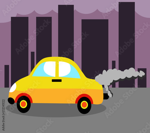 Car polluting the city.Cartoon of a car spewing smoke into the city