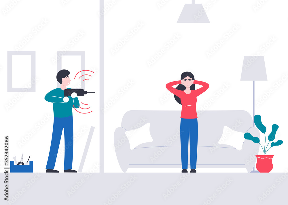 Girl suffers from a loud sounds neighbor with a drill. Man makes repairs at home and interferes his neighbors. Flat vector cartoon modern illustration.