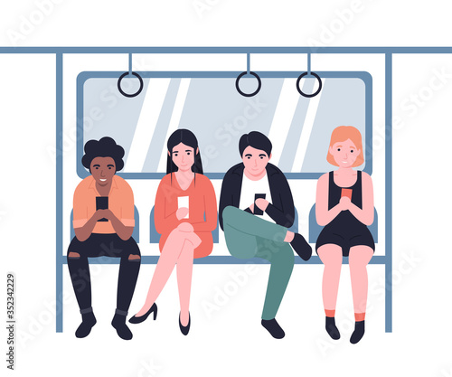 People ride the subway, metro, bus, train. Male and female characters in public transport with mobile. Flat vector modern cartoon design illustration.