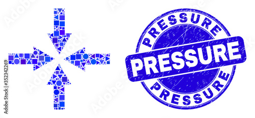 Geometric collapse arrows mosaic icon and Pressure seal stamp. Blue vector round scratched seal stamp with Pressure phrase. Abstract mosaic of collapse arrows created of spheric, tringle,