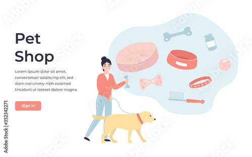 Concept Pet Shop online store. Flat vector cartoon modern illustration for banner, poster, app, template, layout, website.