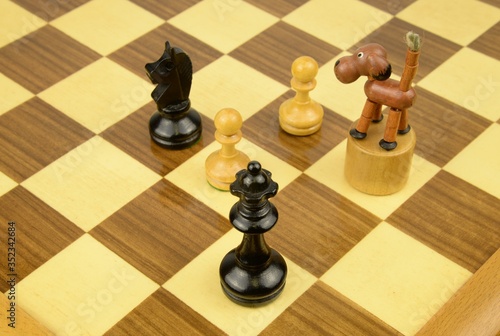 IL gioco degli scacchi anche per i bambini: scacchiera con pezzi in legno (pedoni, cavallo e regina) bianchi e neri e giocattolo in legno a forma di cane photo