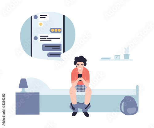Lazy guy after study, work is texting in the messenger by phone online. Man sit on a sofa with his pants down and hold mobile. Flat vector cartoon modern illustration.