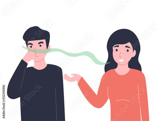 Woman has bad smell in her mouth, man close his nose. Halitosis or fetor oris problem. Flat vector cartoon modern illustration.