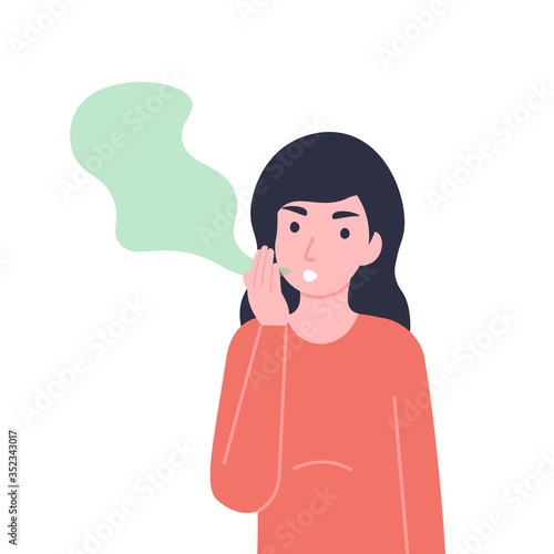 Woman has bad smell in her mouth. Halitosis or fetor oris problem. Flat vector cartoon modern illustration.