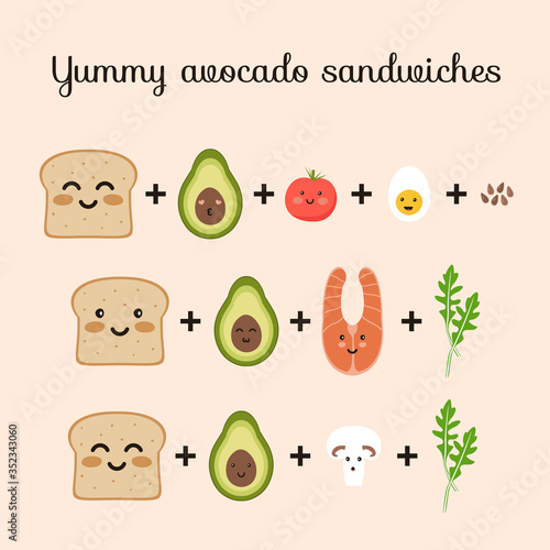 Set of ingredients for yummy avocado sandwiches toasts. Bread, avocado, tomato, egg, champignon, arugula, salmon, flax seed. Flat vector cute cartoon characters illustration.