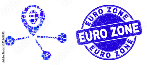 Geometric euro location links mosaic icon and Euro Zone seal. Blue vector round scratched seal stamp with Euro Zone text. Abstract mosaic of euro location links combined of sphere, tringle,