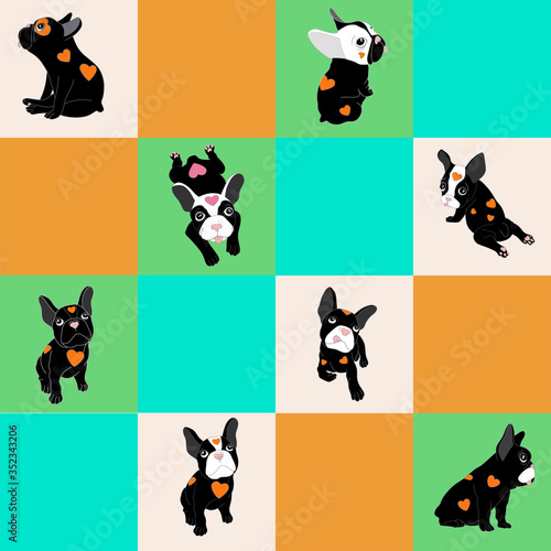 Chequered French Bulldog Seamless Vector Pattern