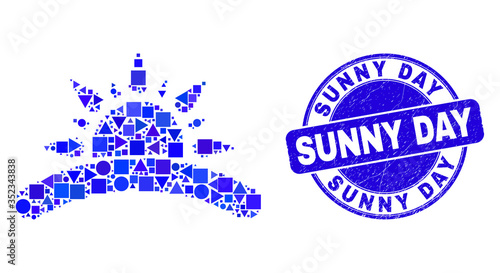 Geometric sunrise mosaic icon and Sunny Day stamp. Blue vector rounded textured watermark with Sunny Day phrase. Abstract mosaic of sunrise designed of spheric, tringle, square geometric spots.