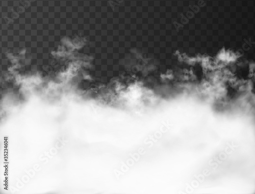 White clouds on the dark transparent background. Thick strong smoke from fire or conflagration. 3d realistic vector illustration.