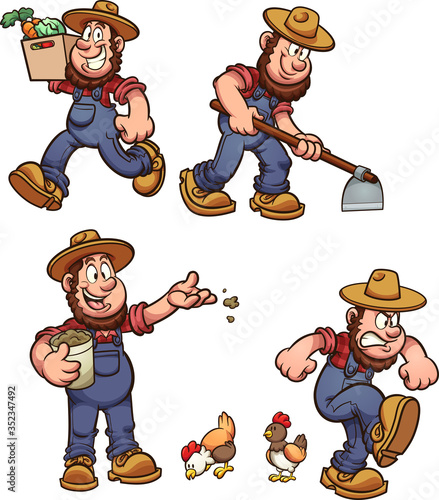 Cartoon male farmer performing different activities. Vector cartoon clip art illustration with simple gradients. Some elements on separate layers.
