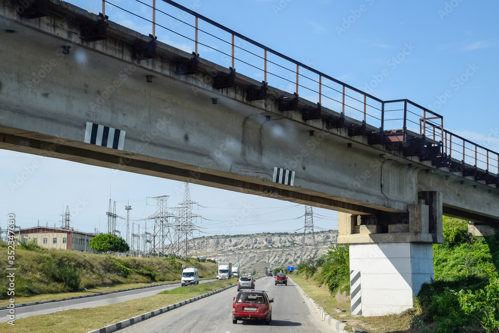 Reinforced concrete construction road junction. Road construction and bridges.