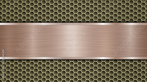 Background of golden perforated metallic surface with holes and horizontal bronze polished plate with a metal texture, glares and shiny edges