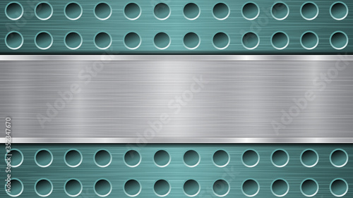 Background of light blue perforated metallic surface with holes and horizontal silver polished plate with a metal texture, glares and shiny edges