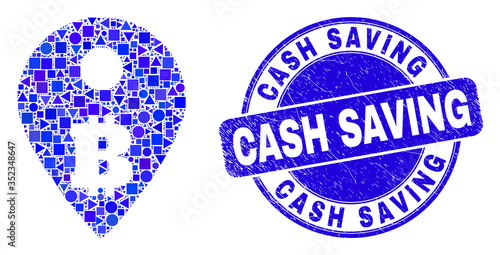 Geometric bitcoin map marker mosaic pictogram and Cash Saving watermark. Blue vector round scratched watermark with Cash Saving title. Abstract mosaic of bitcoin map marker designed of sphere,