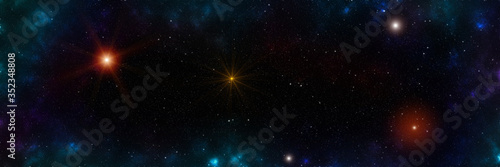 Starry night sky space background with nebula in deep space and shining stars. 