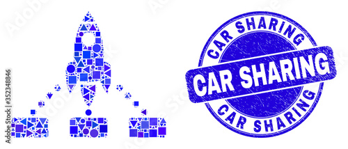 Geometric rocket links mosaic icon and Car Sharing seal. Blue vector round textured seal stamp with Car Sharing phrase. Abstract mosaic of rocket links constructed of round, tringle,