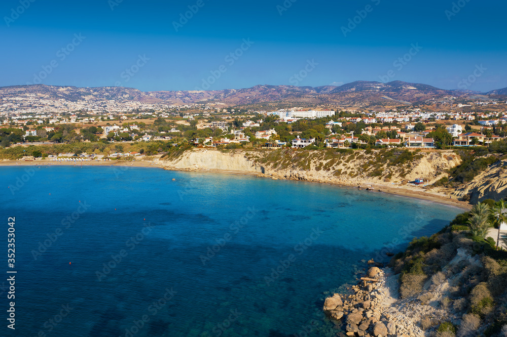 Aerial view of Cyprus coastline, bay with beach and azure sea water.
