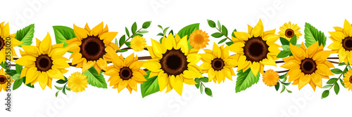 Vector horizontal seamless border with yellow sunflowers and green leaves.