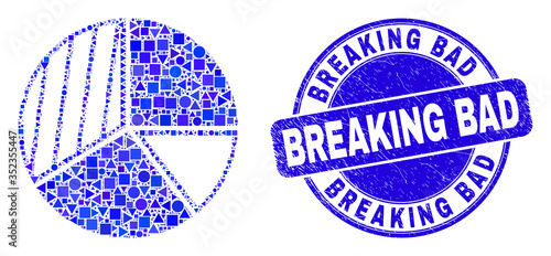 Geometric pie chart mosaic icon and Breaking Bad watermark. Blue vector round distress watermark with Breaking Bad phrase. Abstract mosaic of pie chart done of round, triangles,