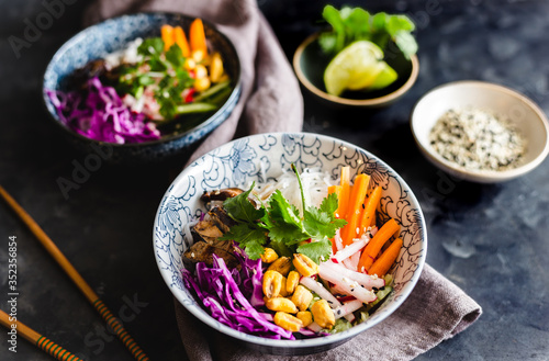Homemade rice noodles salad with radish, carrot, red cabbage cilantro photo