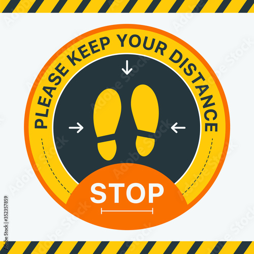 Keep Your Distance. Round floor marking shoe prints social distancing Instruction Icon. Vector Image. Stickers for public places where there are a lot of people