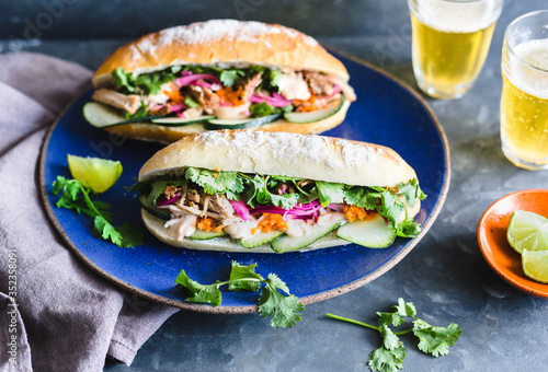 pulled pork vietnamese sandwich with pickled onion, cucumber, carrot and sriracha sauce on a gray surface