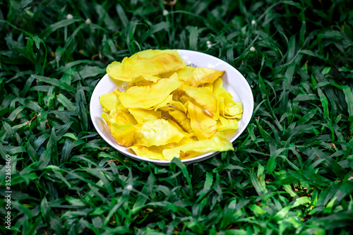 Blur background of durian fruit That the meat can be fried and stored for a longer time photo