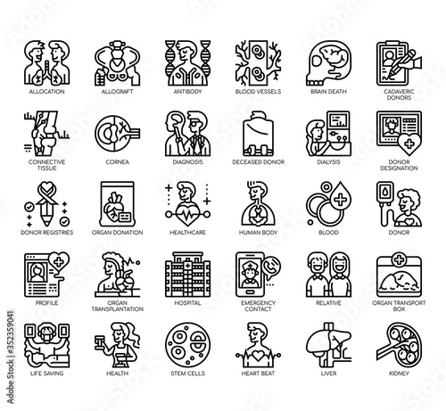 Set of organ donation thin line and pixel perfect icons for any web and app project.