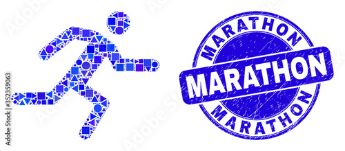 Geometric running man mosaic pictogram and Marathon seal stamp. Blue vector round distress seal stamp with Marathon title. Abstract concept of running man designed of sphere, triangles,