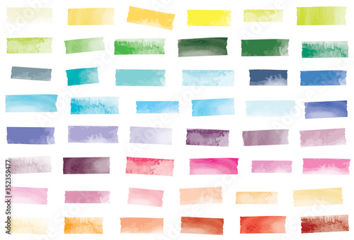 Watercolor mini washi tape strips in 48 colors. Semi-transparent masking tape or adhesive strips. EPS file has global colors for easy color changes.
