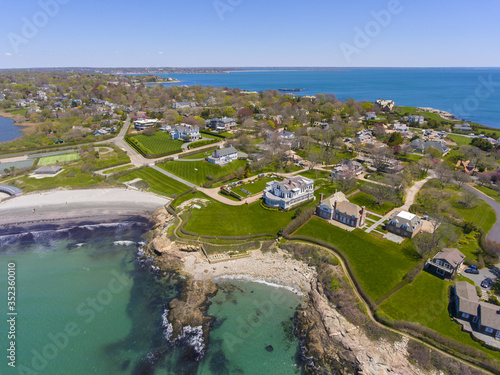 Historic mansions and Cliff Walk in Bellevue Avenue Historic District aerial view at Newport, Rhode Island RI, USA.