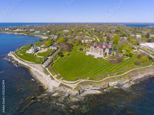 The Breakers and Cliff Walk aerial view at Newport, Rhode Island RI, USA. The Breakers is a Vanderbilt mansion with Italian Renaissance built in 1895 in Bellevue Avenue Historic District in Newport.