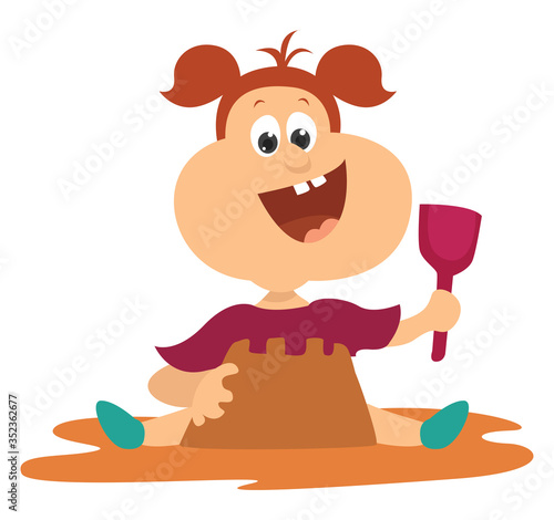 Happy girl playing in sand , illustration, vector on white background