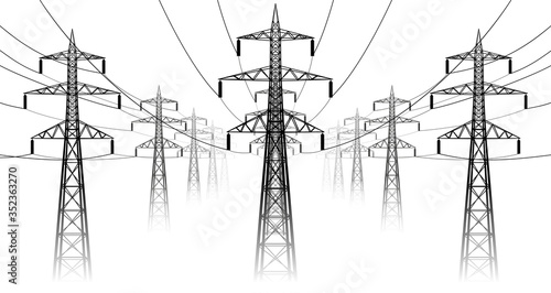 Fotografie, Obraz Vector landscape high voltage transmission line with pylons