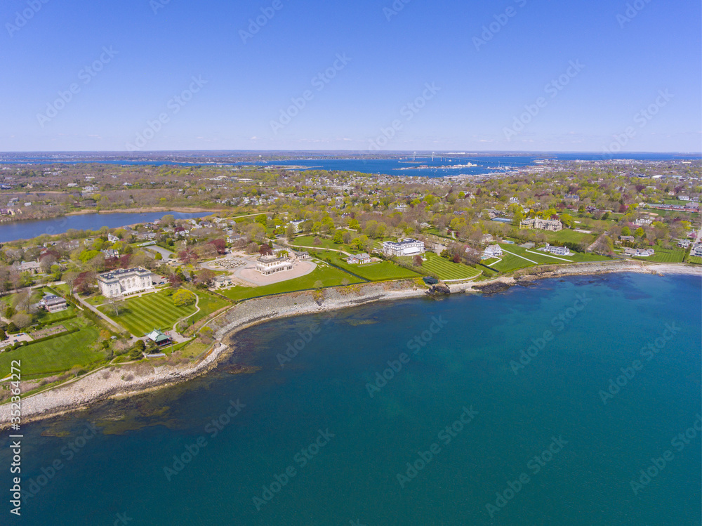 Marble House and Cliff Walk aerial view at Newport, Rhode Island RI, USA. This house is a Gilded Age mansion with Beaux Arts style built in 1888 in Bellevue Avenue Historic District in Newport.