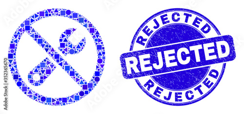 Geometric forbidden repair mosaic icon and Rejected seal stamp. Blue vector round scratched stamp with Rejected phrase. Abstract collage of forbidden repair constructed of round, tringle,