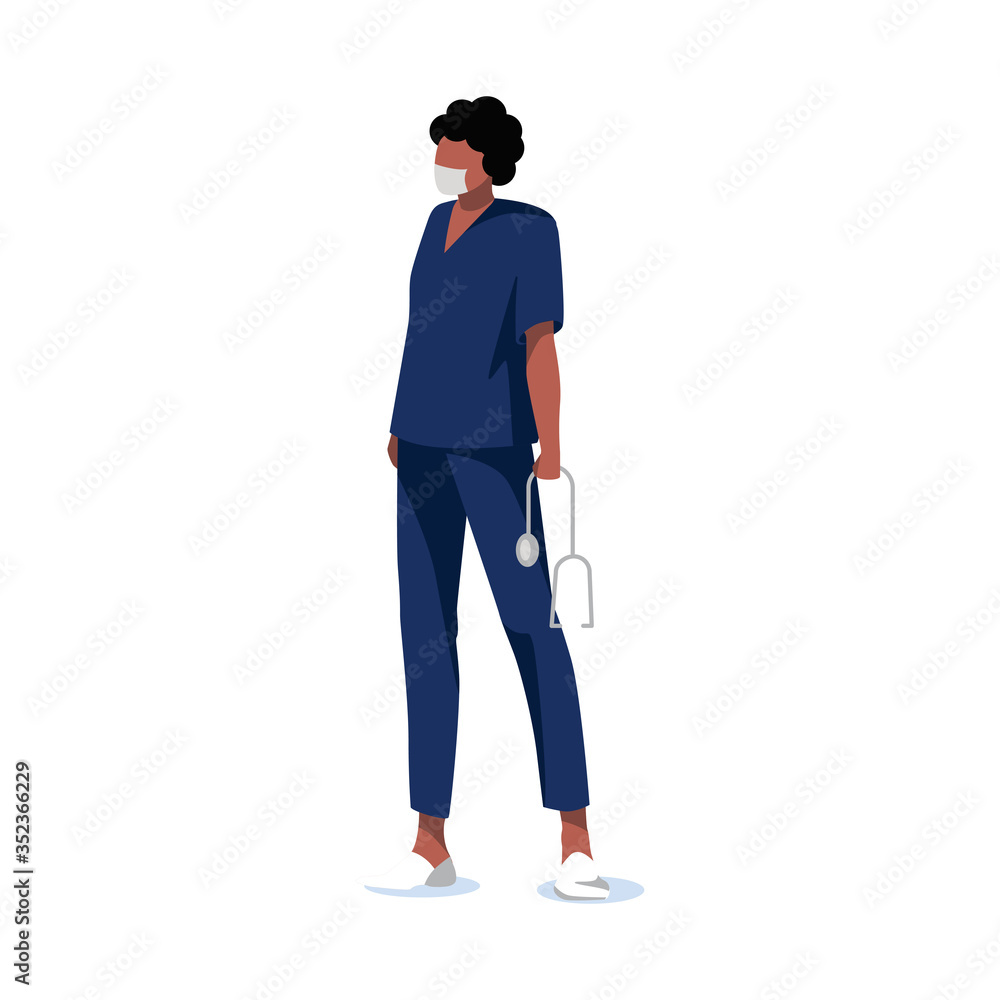 Female doctor in uniform and protective mask. Medical worker with stethoscope isolated on white background. Concept of helping people. African american assistant, nurse or intern. Vector illustration Female doctor in uniform and protective mask. Medical worker with stethoscope isolated on white background. Concept of helping people. African american assistant, nurse or intern. Vector illustration