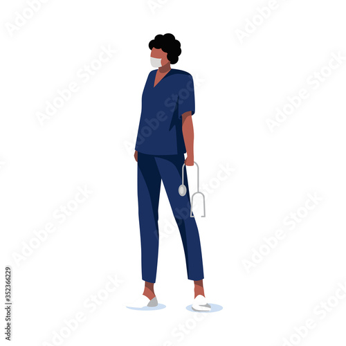 Female doctor in uniform and protective mask. Medical worker with stethoscope isolated on white background. Concept of helping people. African american assistant, nurse or intern. Vector illustration