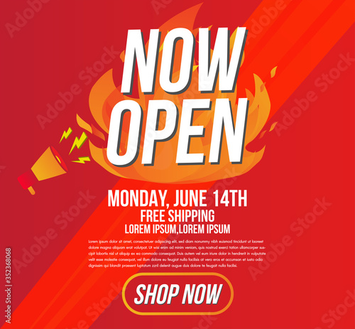 Now open shop or new store red and orange color fire sign on black background.Template design for opening event.Can be used for poster ,flyer , banner.